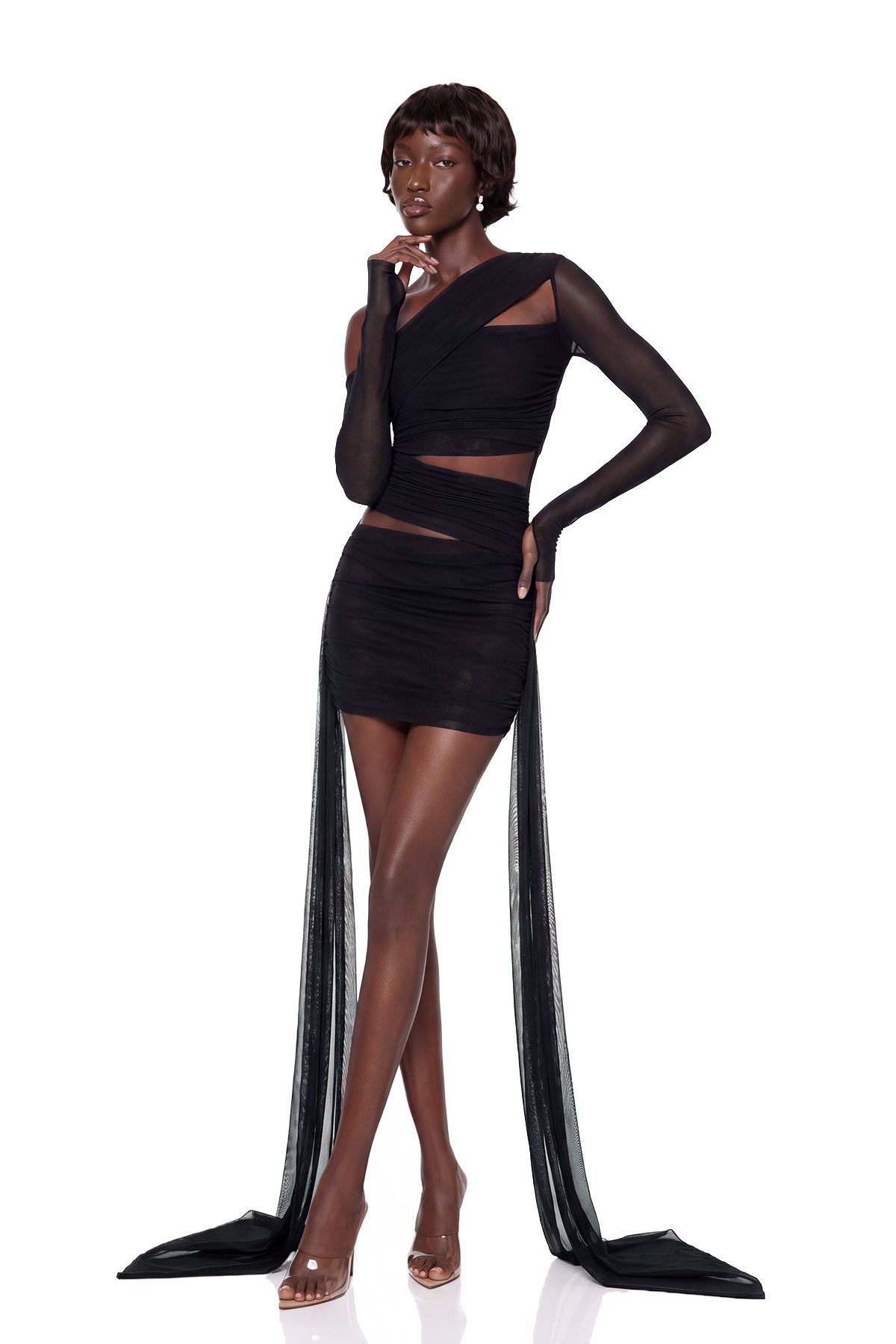 Kuron One Shoulder Cutout Mesh Mini Dress