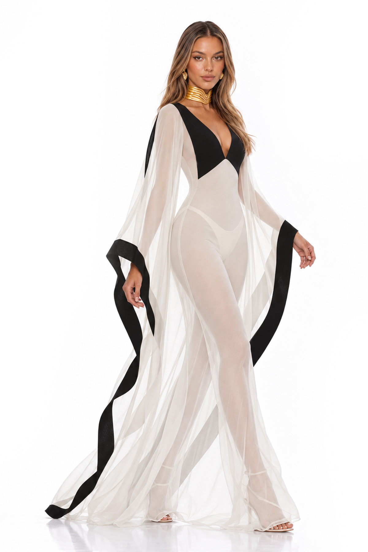 Kuruk Shawl Colorblock Mesh Maxi Dress