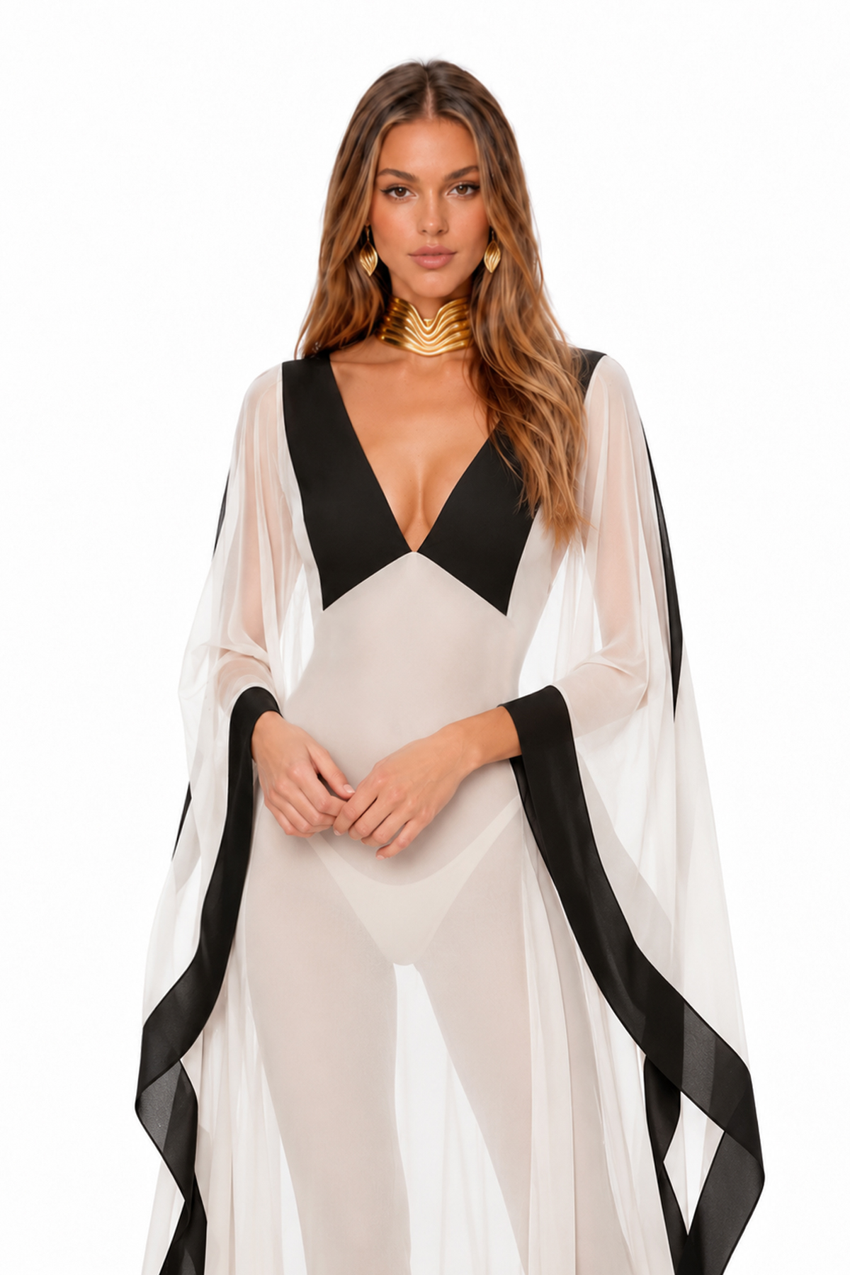 Kuruk Shawl Colorblock Mesh Maxi Dress