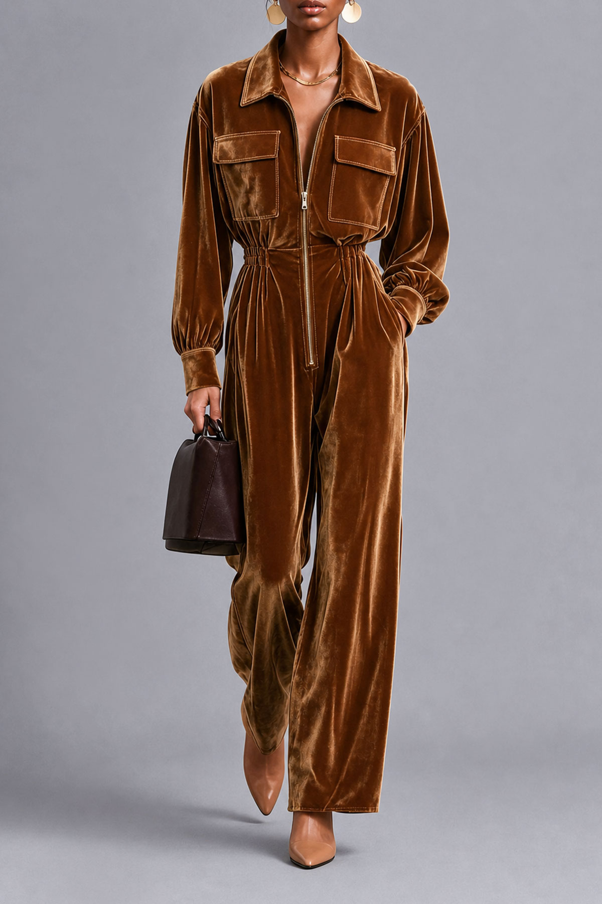 Kuzih Balloon Sleeve Velvet Jumpsuit