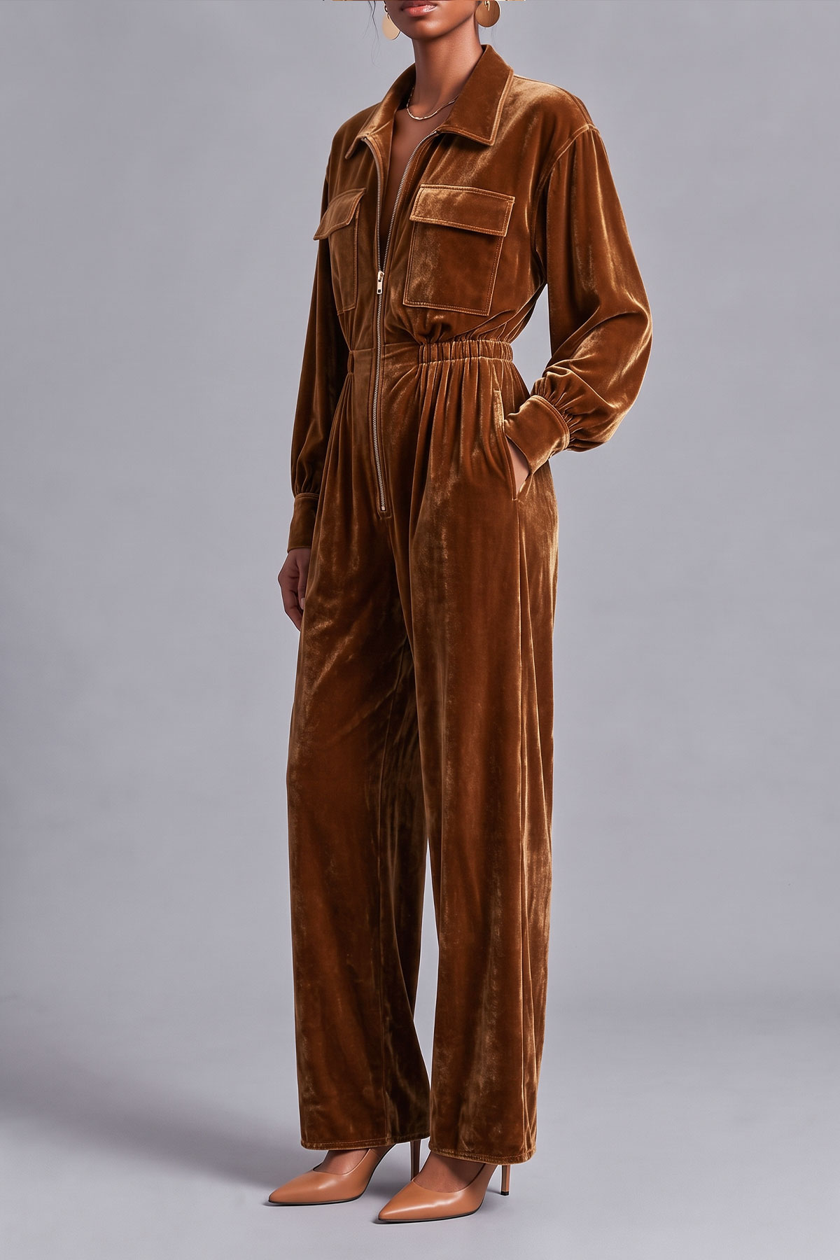 Kuzih Balloon Sleeve Velvet Jumpsuit