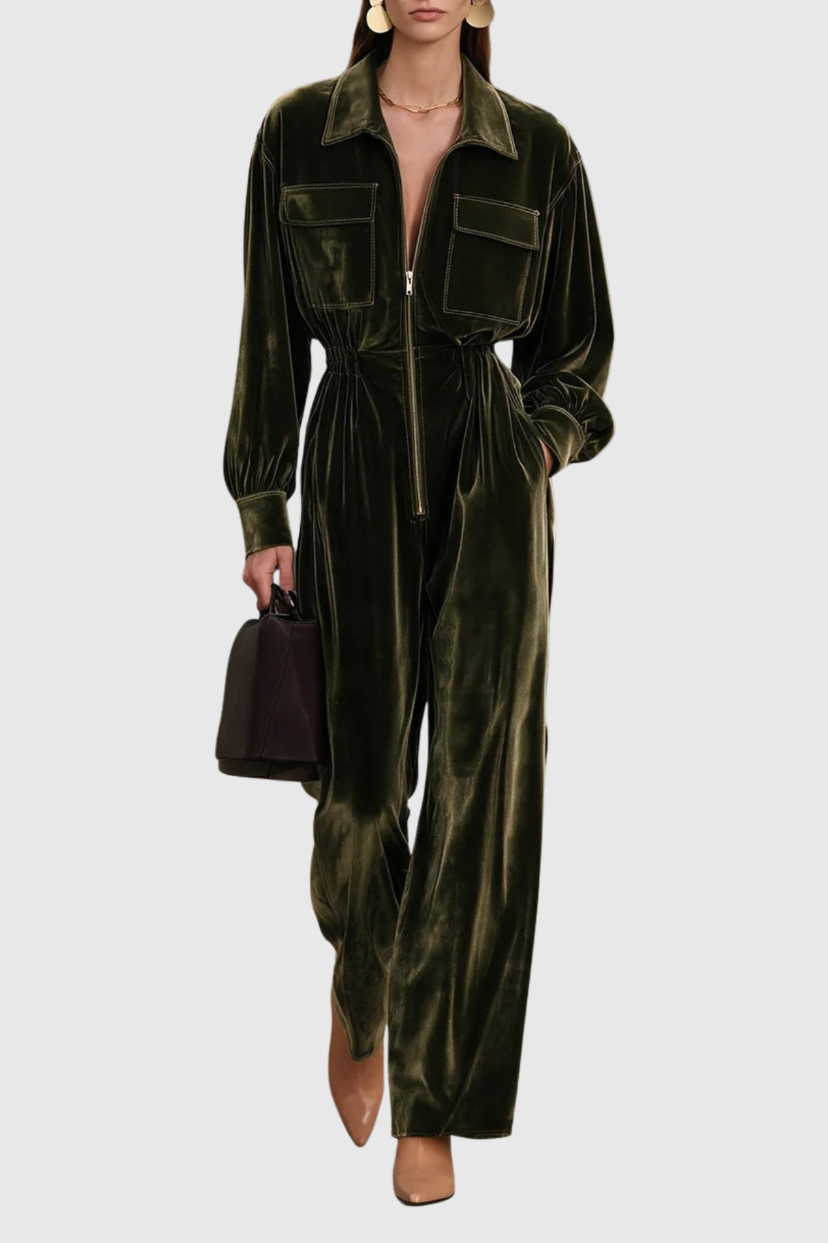 Kuzih Balloon Sleeve Velvet Jumpsuit In Green
