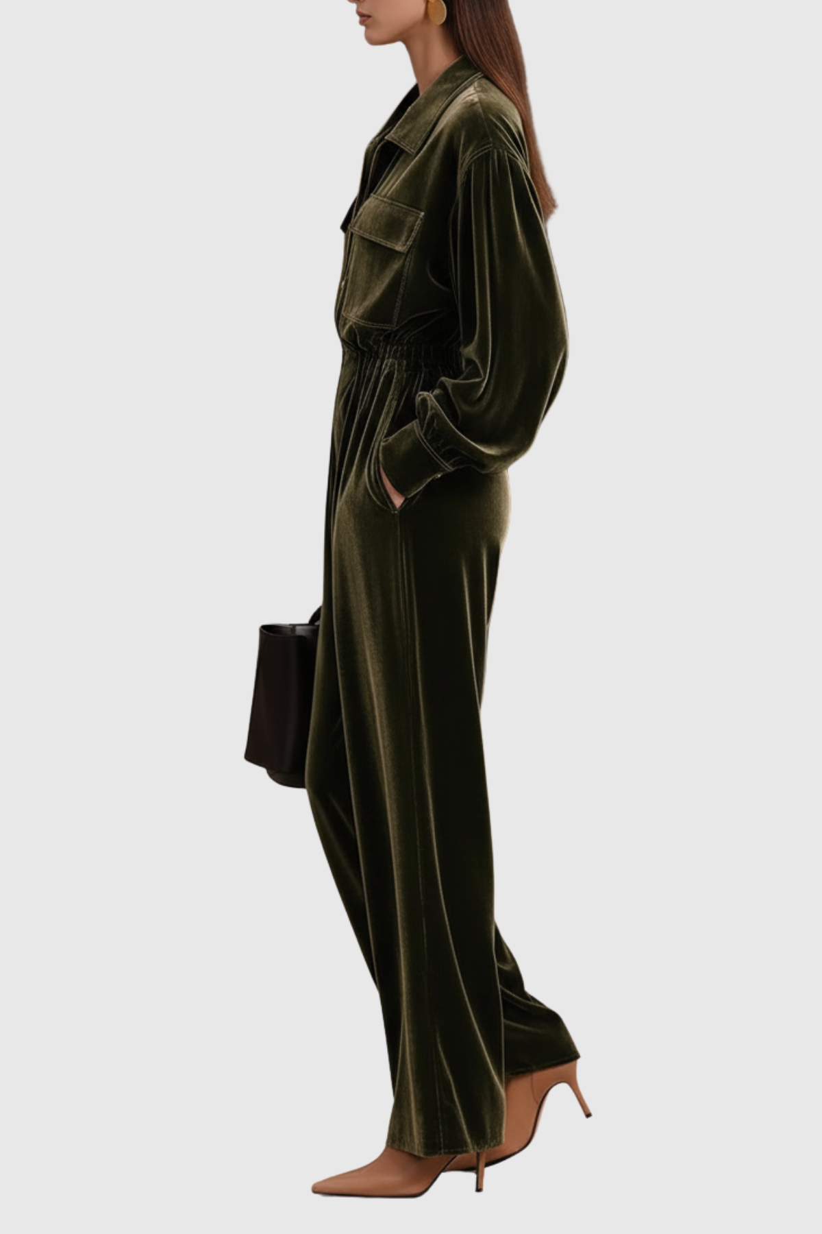 Kuzih Balloon Sleeve Velvet Jumpsuit In Green