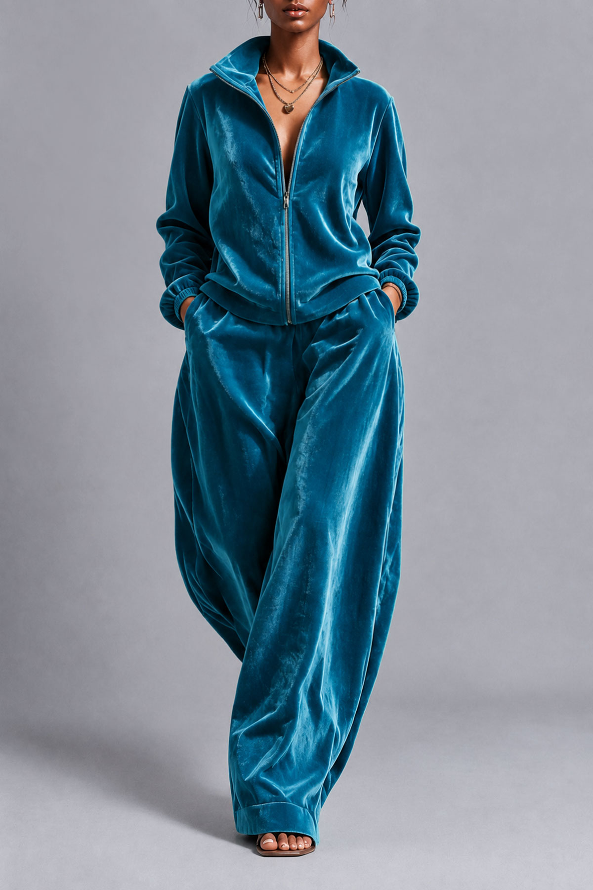 Kuzih Balloon Sleeve Velvet Pants Set