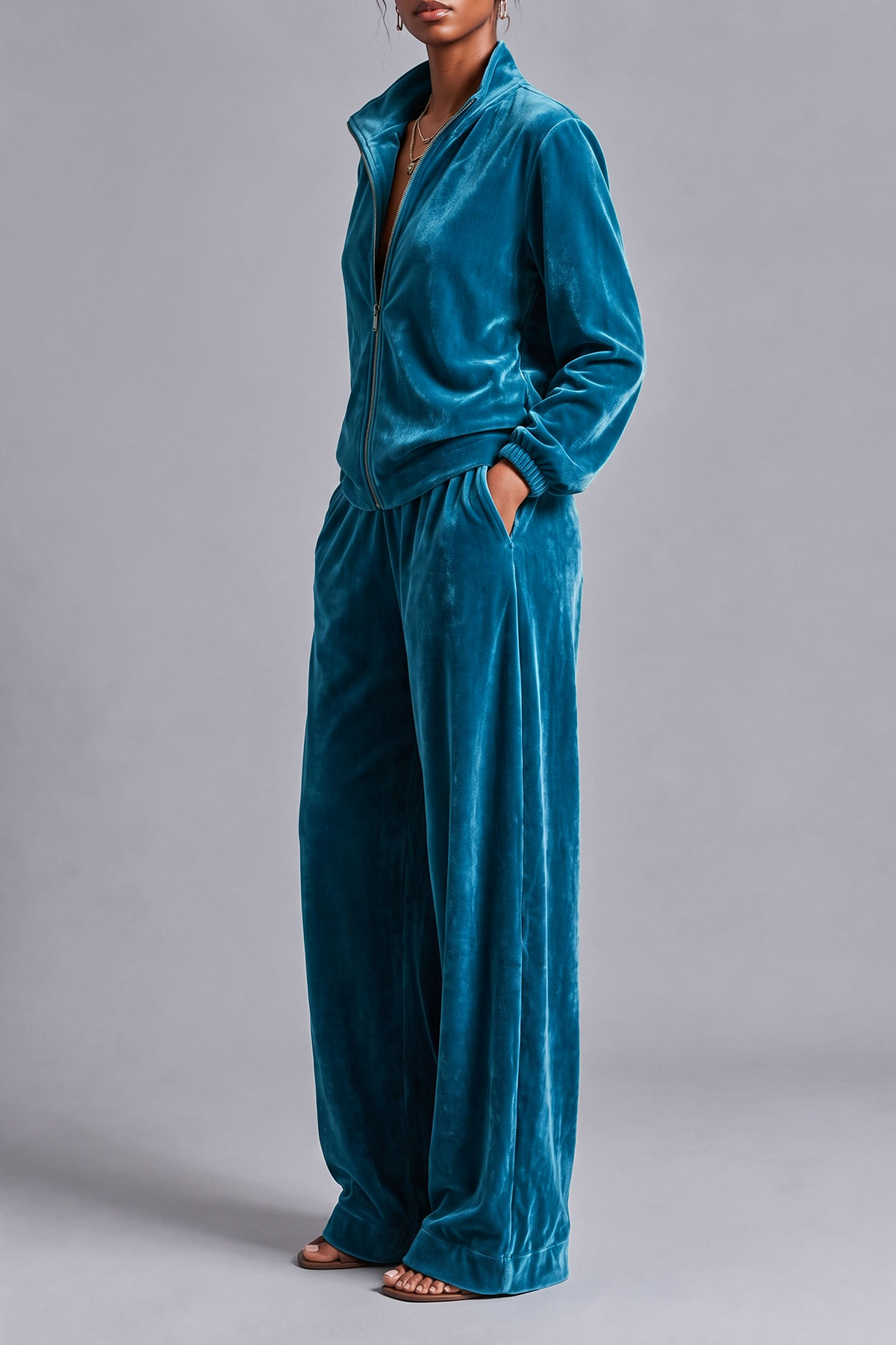 Kuzih Balloon Sleeve Velvet Pants Set