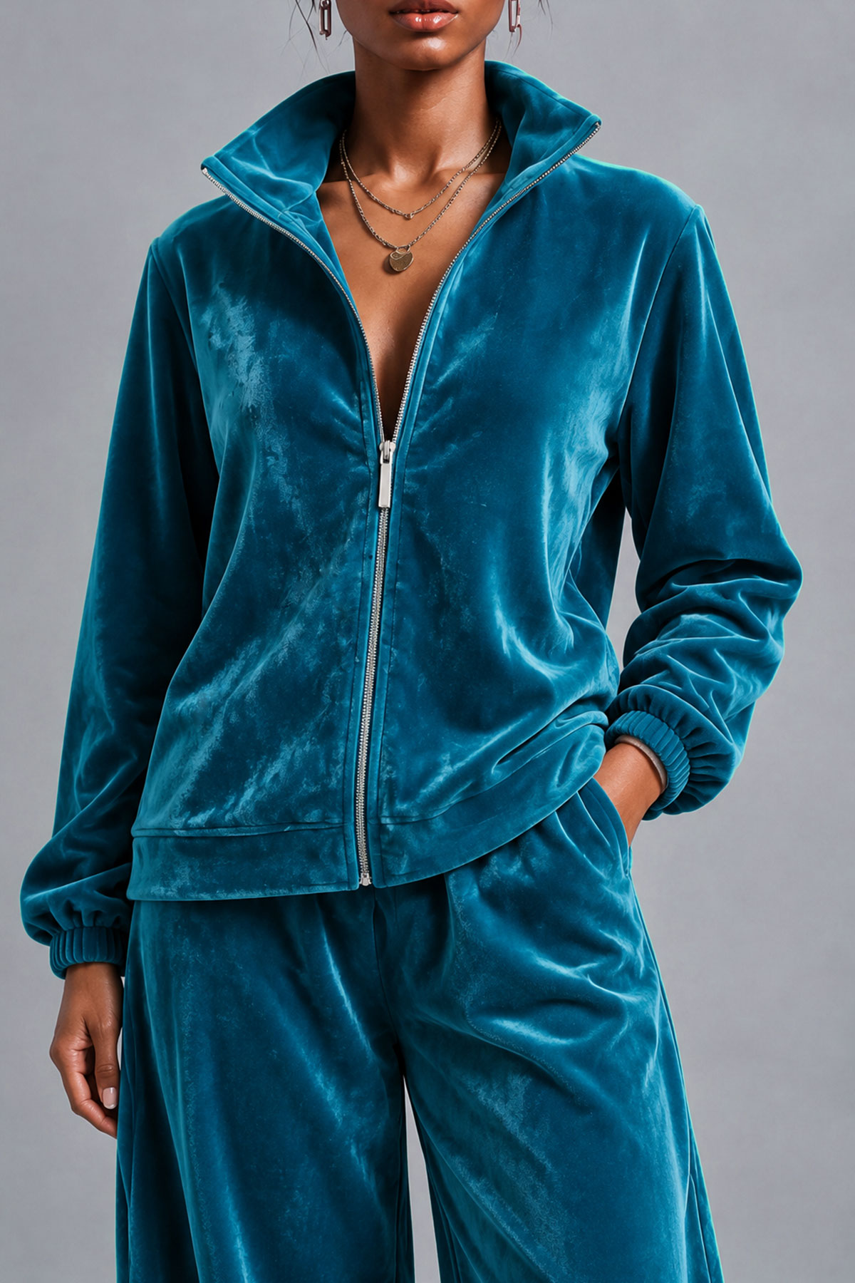 Kuzih Balloon Sleeve Velvet Pants Set