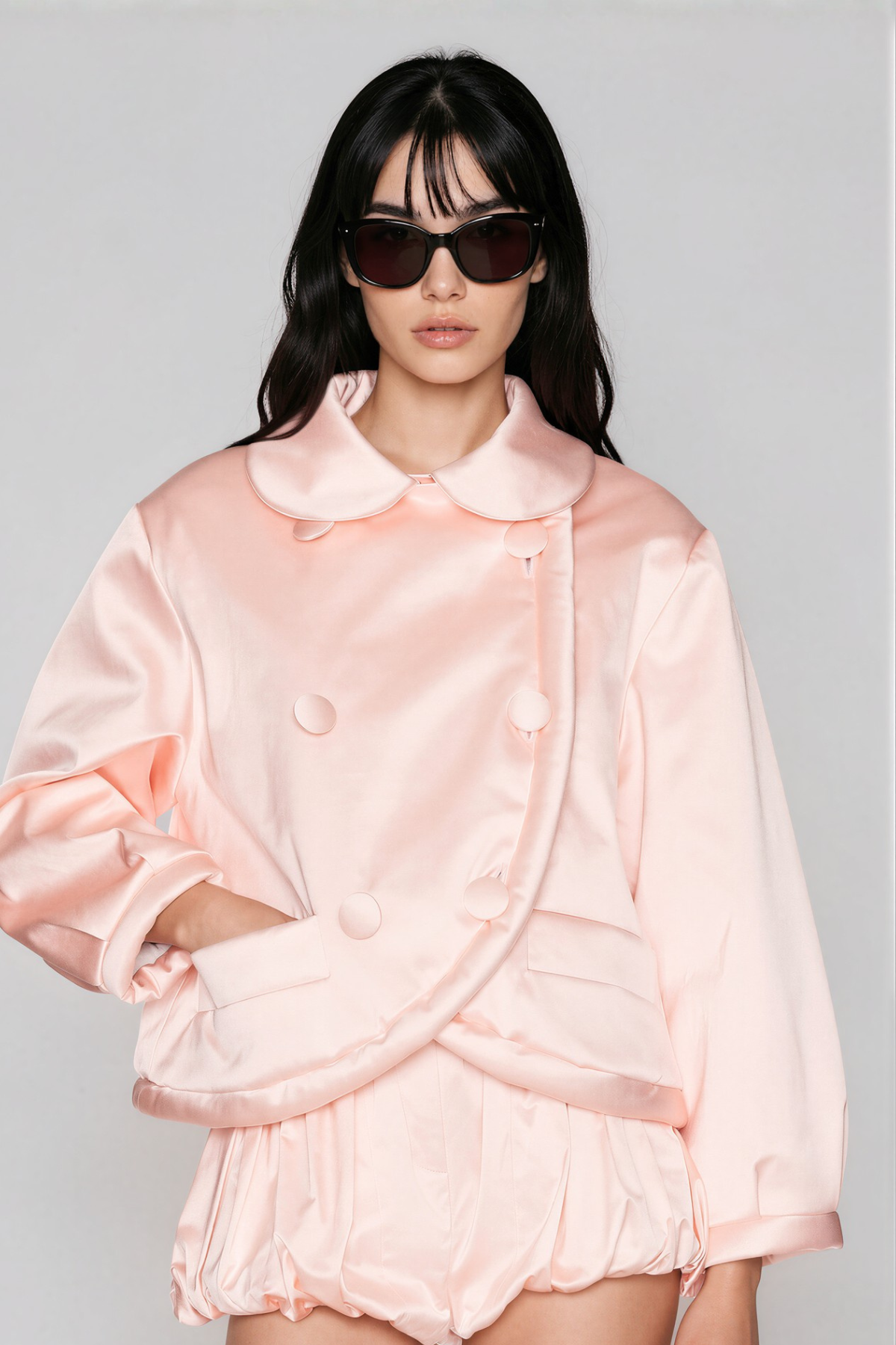 Kwende Double Breasted Draped Shorts Set In Pink 