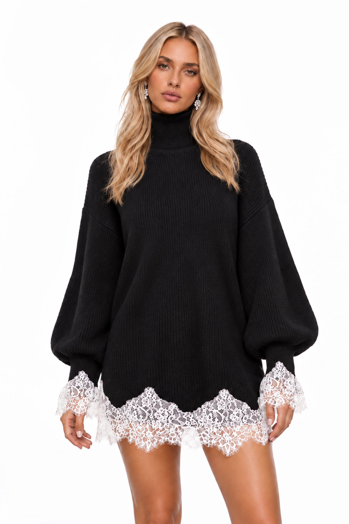 Kwint High Neck Knit Lace Mini Dress In Black