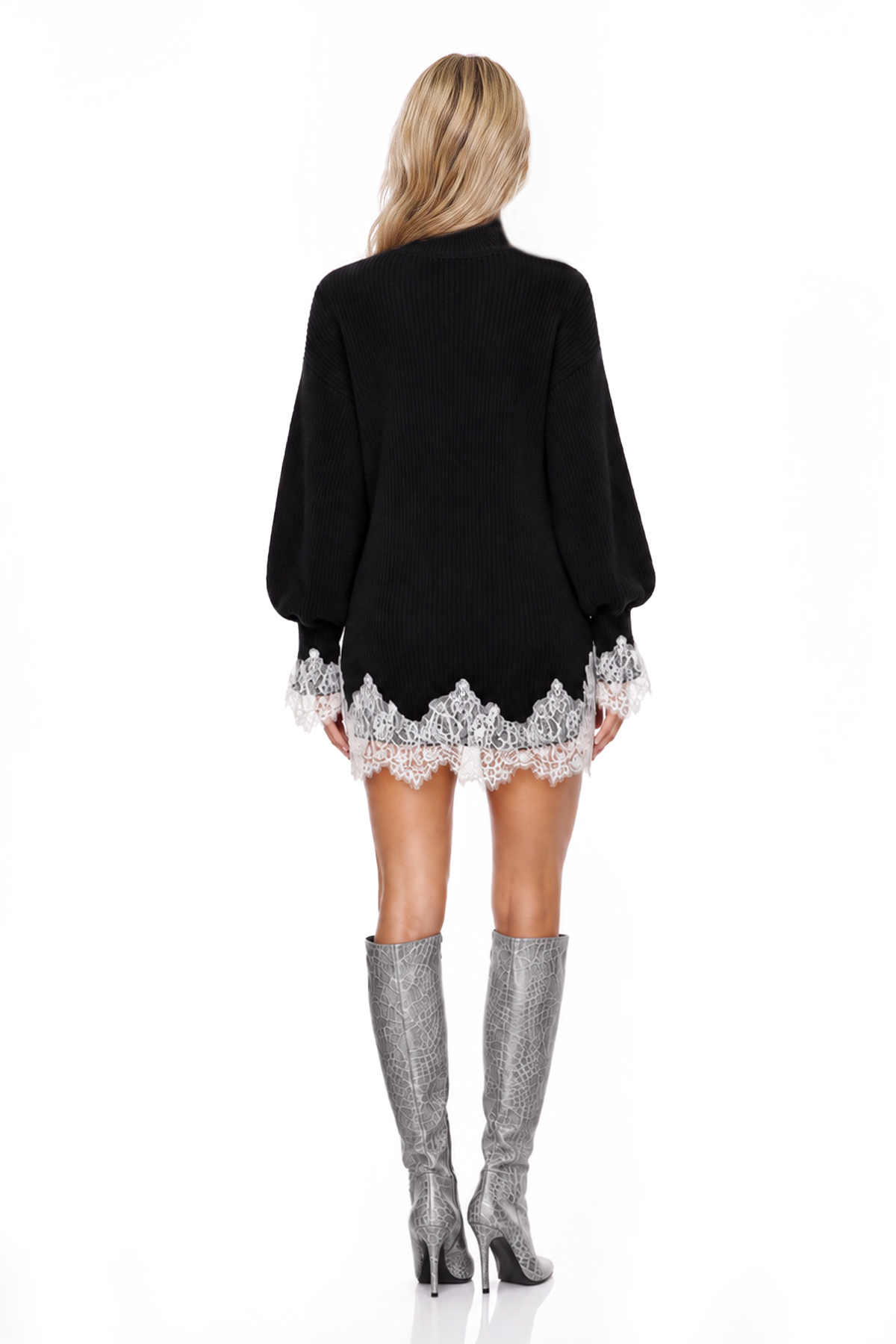 Kwint High Neck Knit Lace Mini Dress In Black