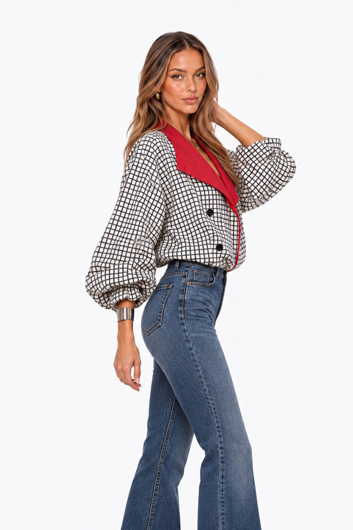 Kya Balloon Sleeve Grid Jacket