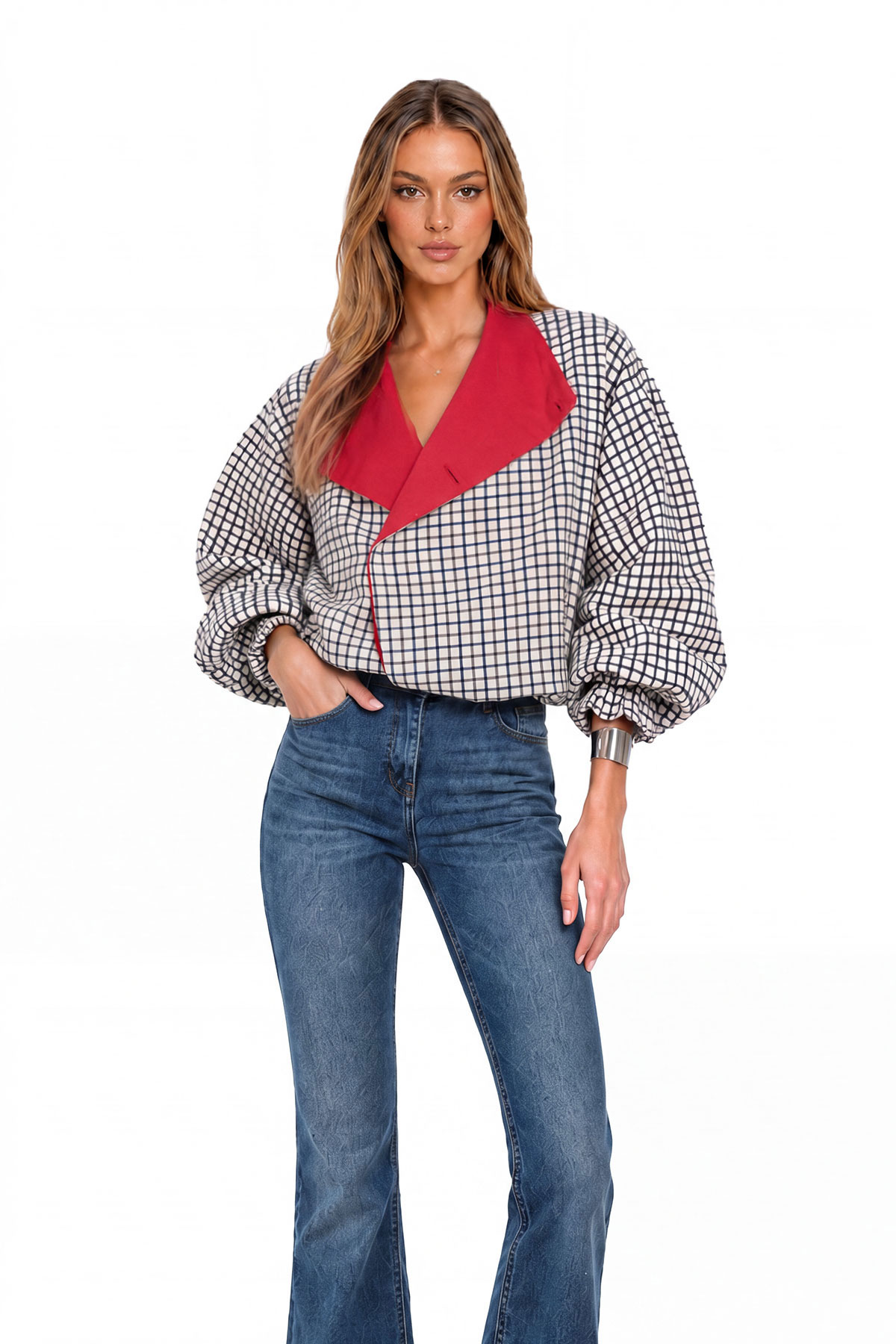 Kya Balloon Sleeve Grid Jacket