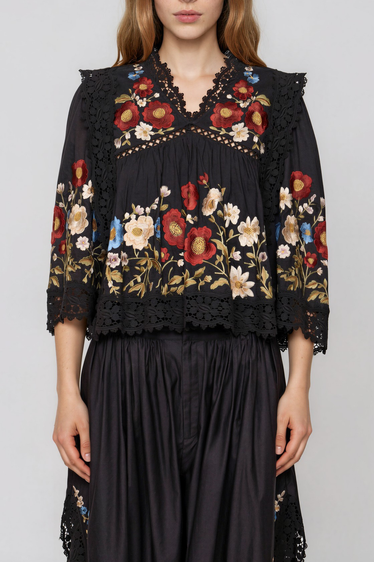 Kyna V Neck Embroidered Split Pants Set