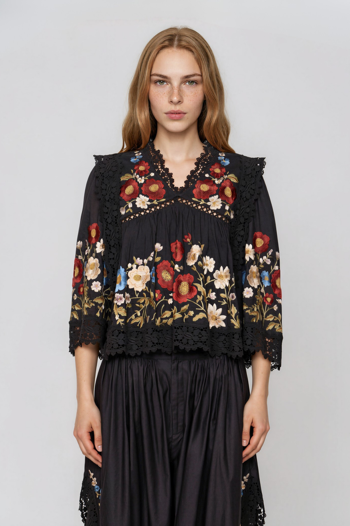 Kyna V Neck Embroidered Split Pants Set