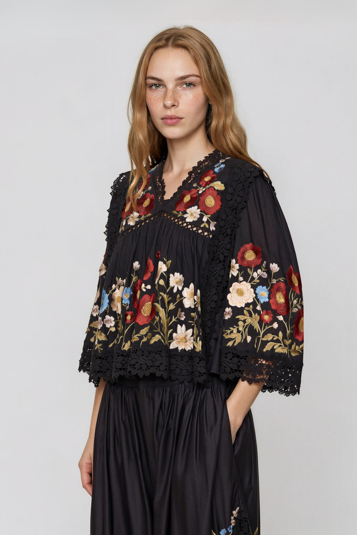 Kyna V Neck Embroidered Split Pants Set