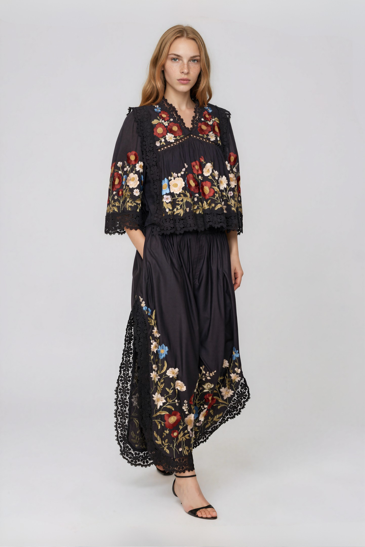 Kyna V Neck Embroidered Split Pants Set