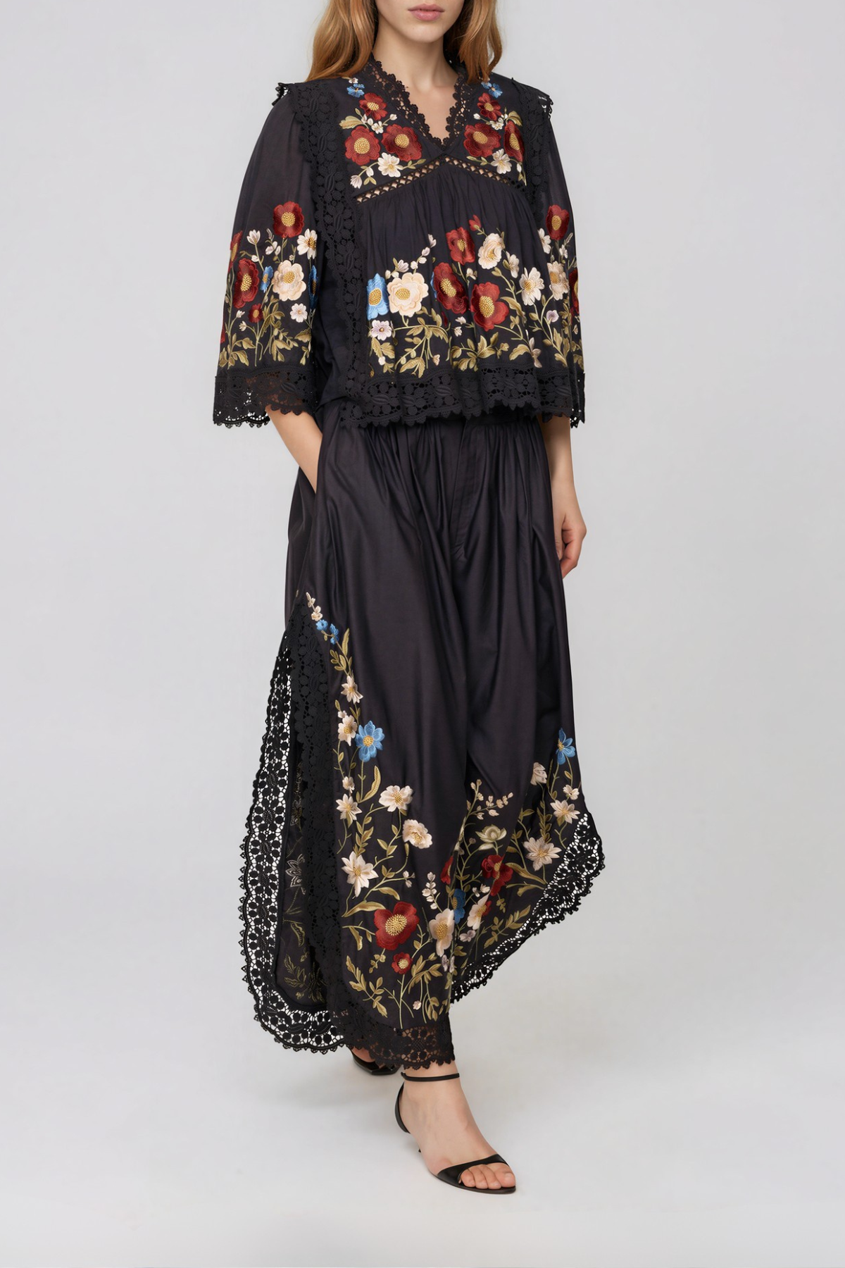 Kyna V Neck Embroidered Split Pants Set