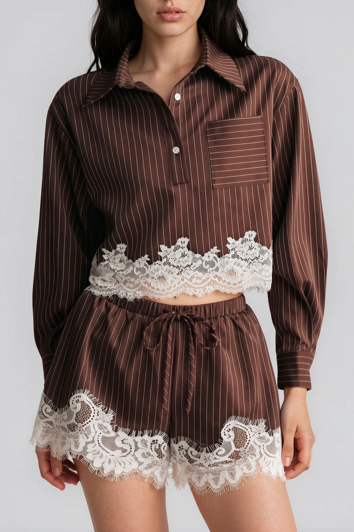 Kyong Lapel Stripe Lace Short Set In Brown
