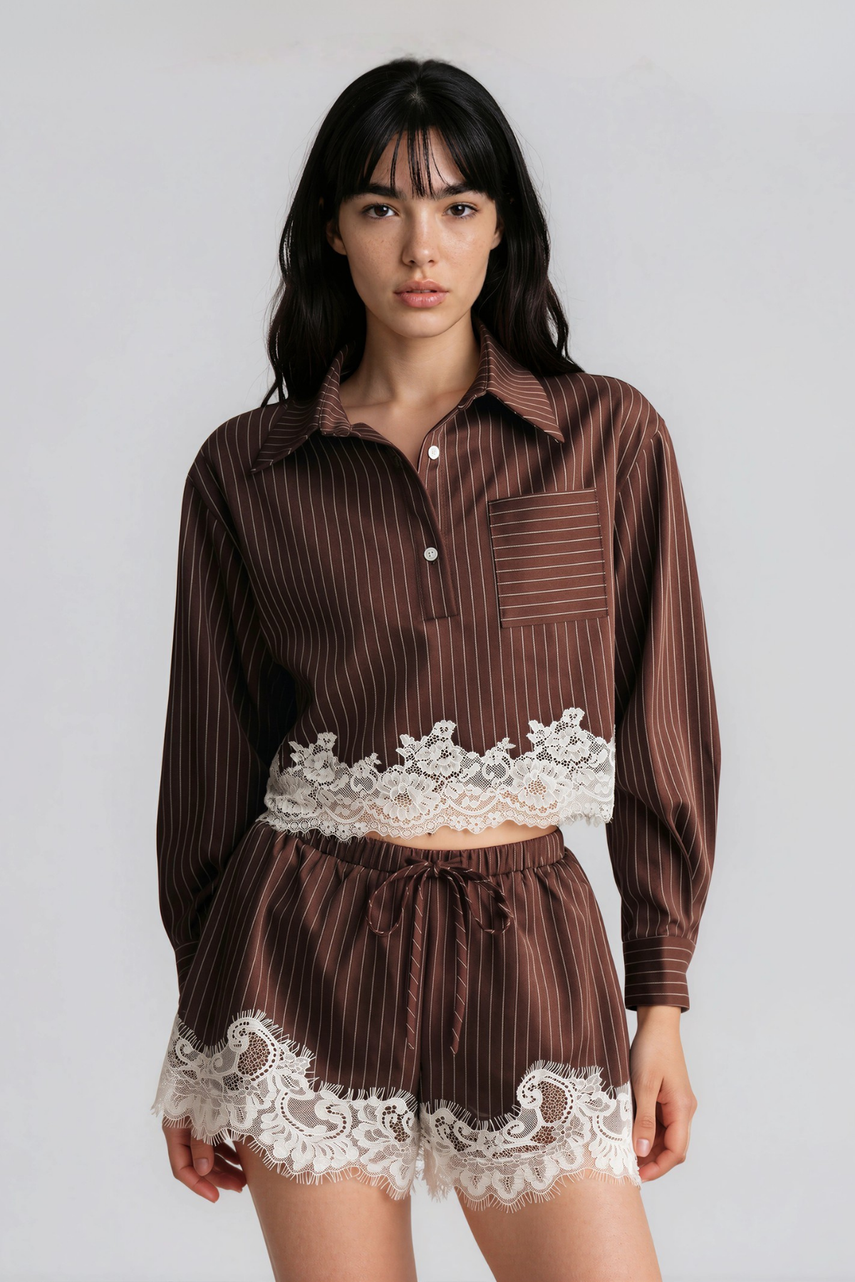Kyong Lapel Stripe Lace Short Set In Brown