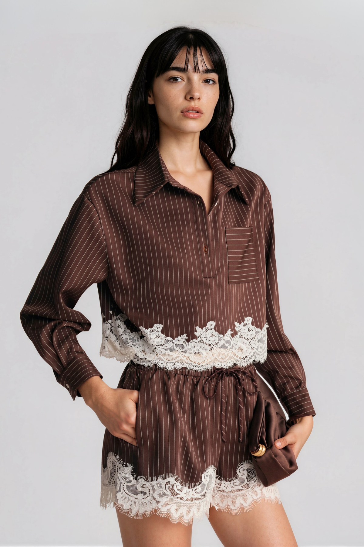 Kyong Lapel Stripe Lace Short Set In Brown