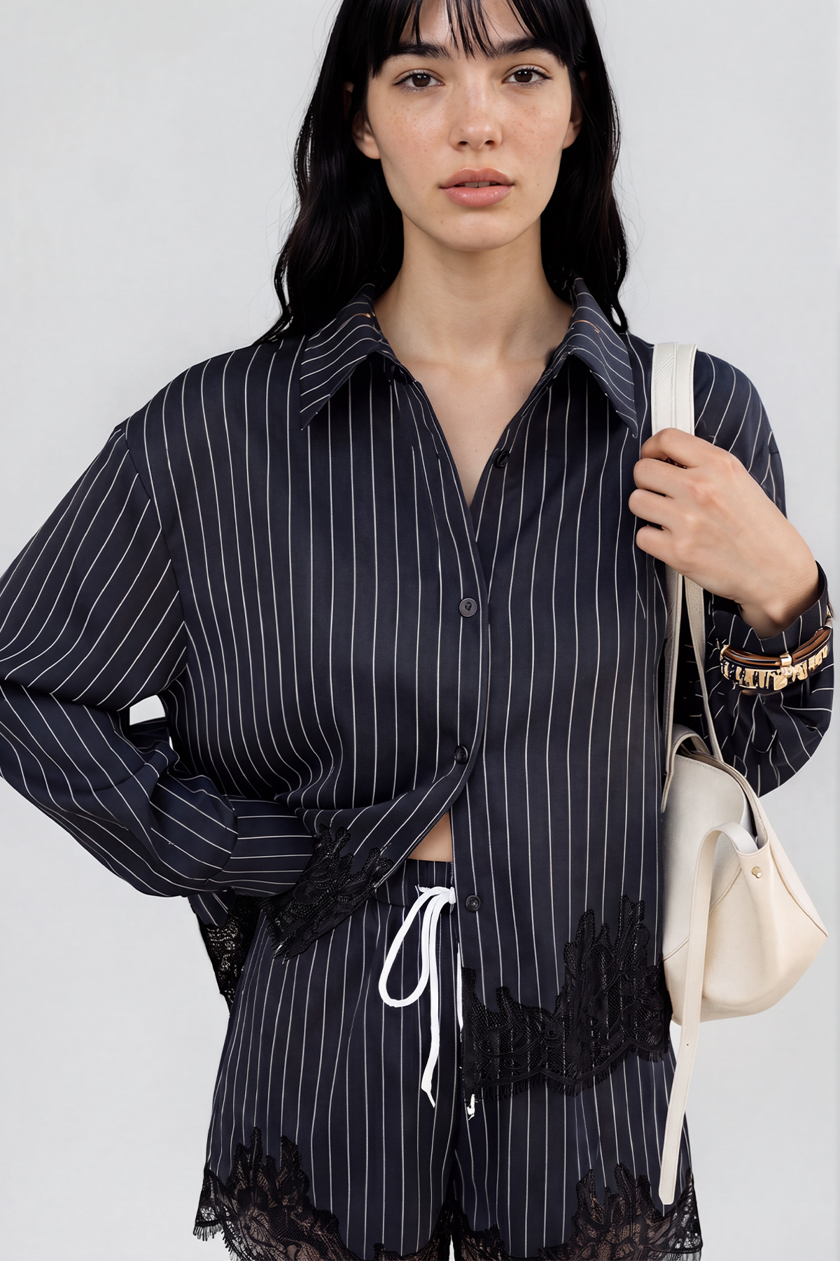 Kyong Lapel Stripe Lace Short Set In Dark Blue