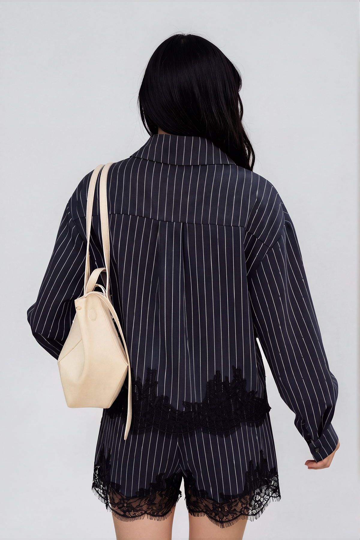 Kyong Lapel Stripe Lace Short Set In Dark Blue