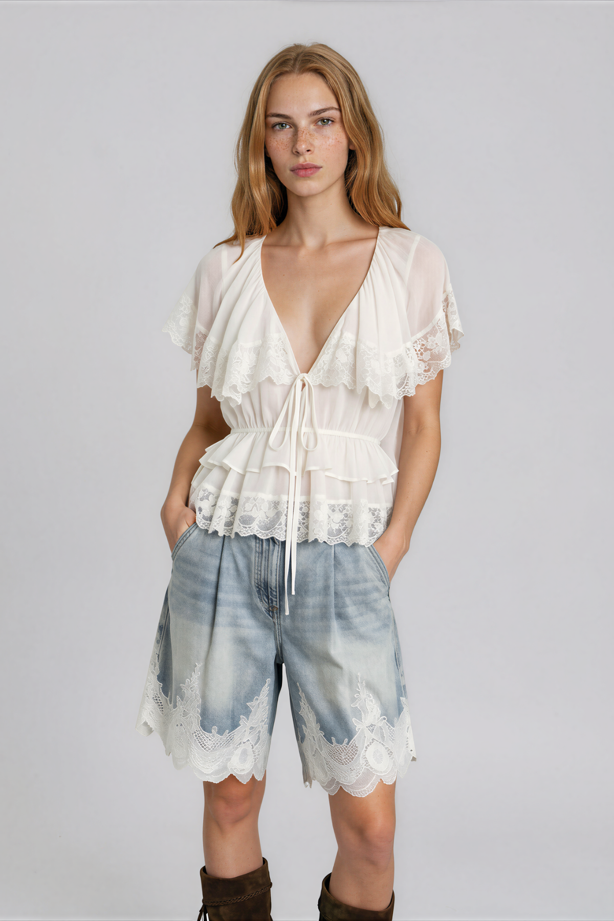Kyra V Neck Ruffle Lace Top