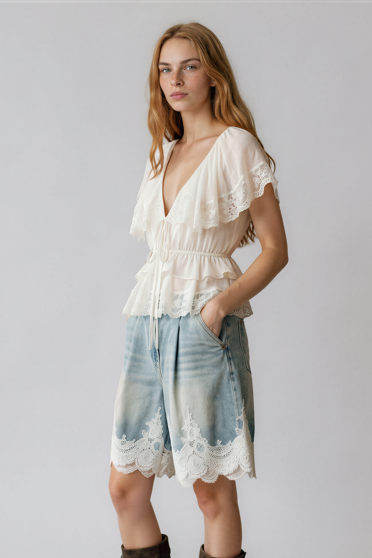 Kyra V Neck Ruffle Lace Top