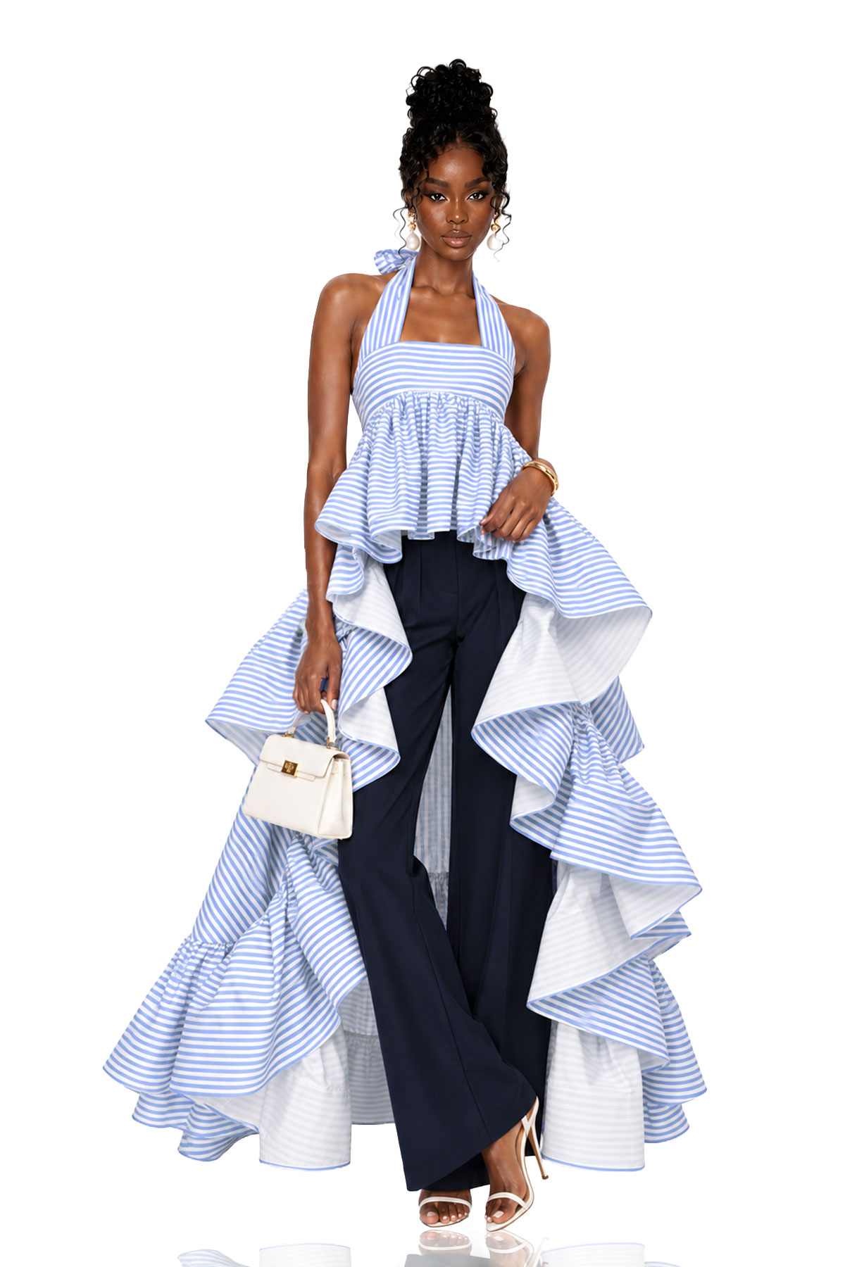 Kyren Halter Neck Stripe Ruffle Top