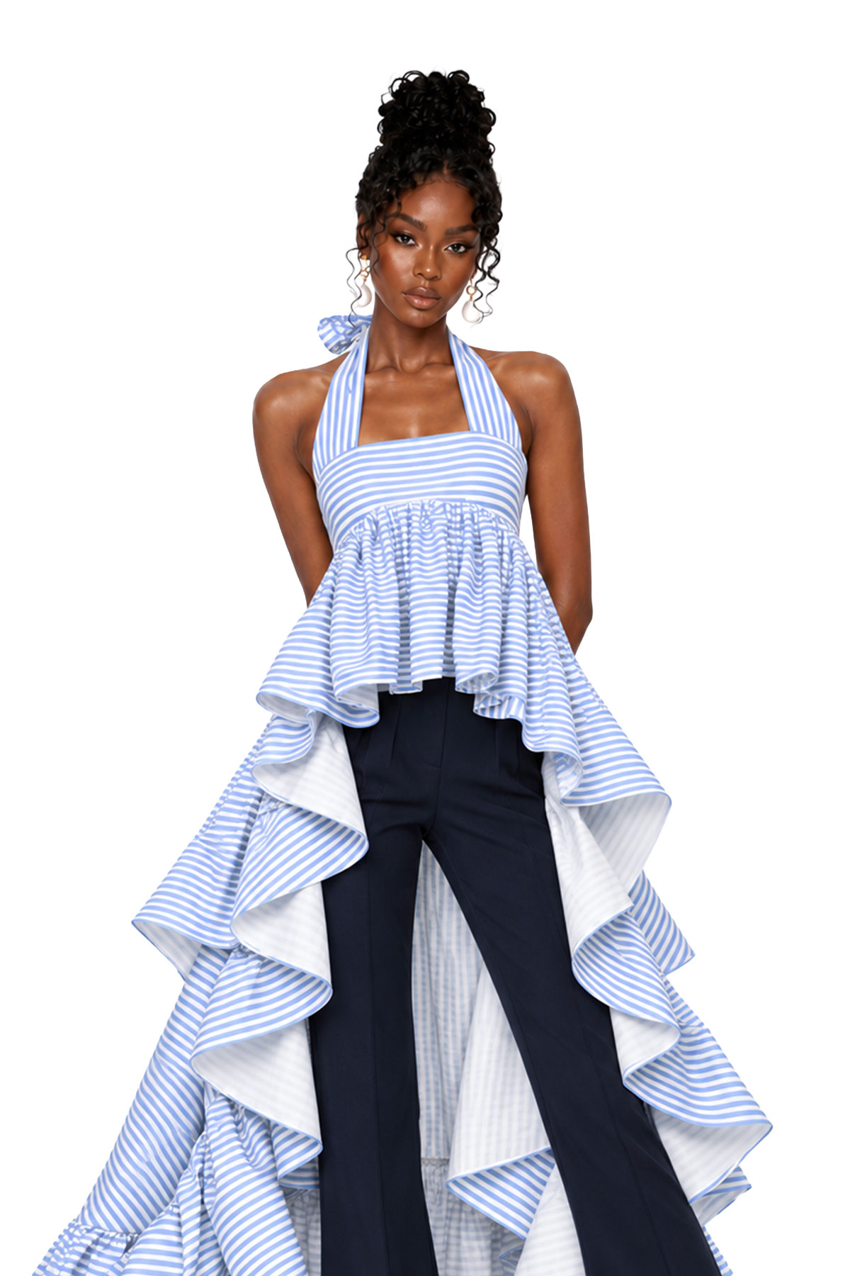 Kyren Halter Neck Stripe Ruffle Top