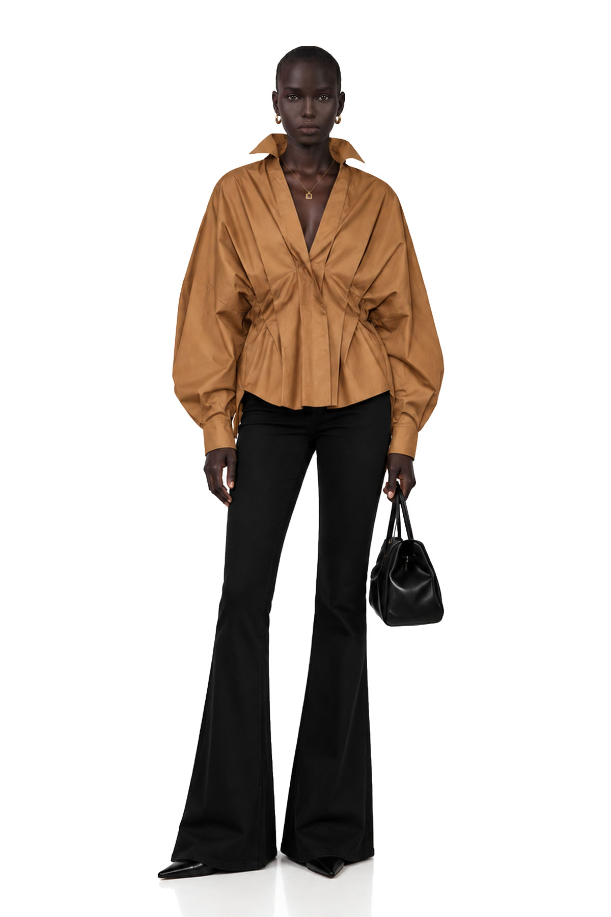 Kyros V Neck Ruch Shirt  In Khaki