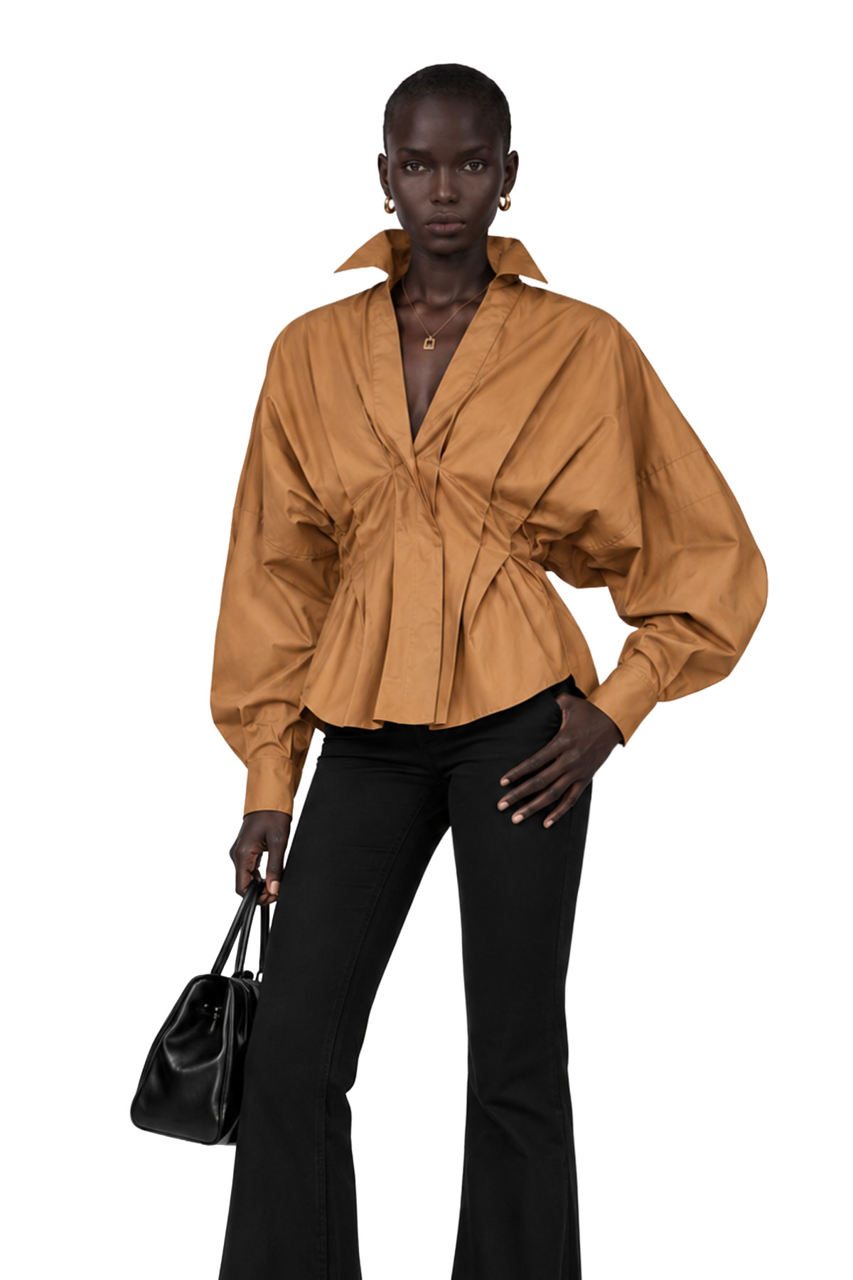 Kyros V Neck Ruch Shirt  In Khaki