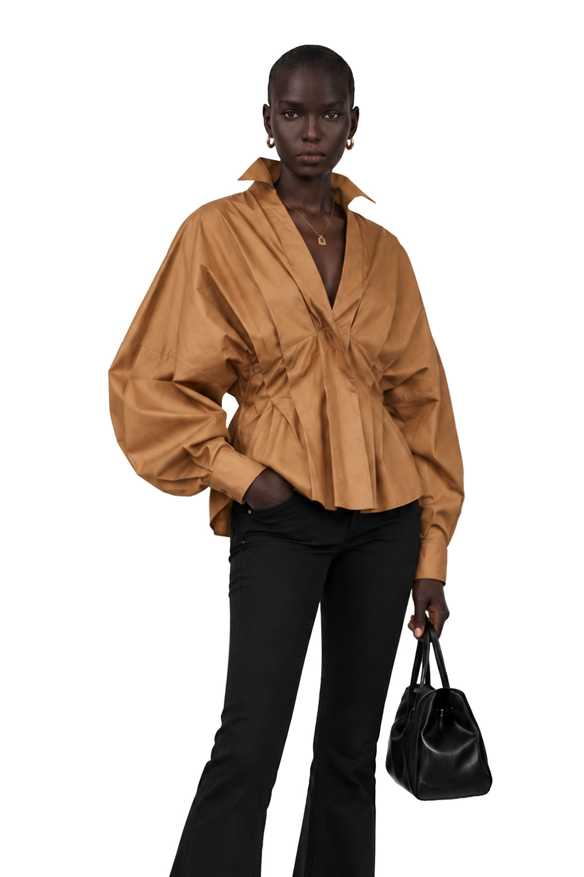 Kyros V Neck Ruch Shirt  In Khaki