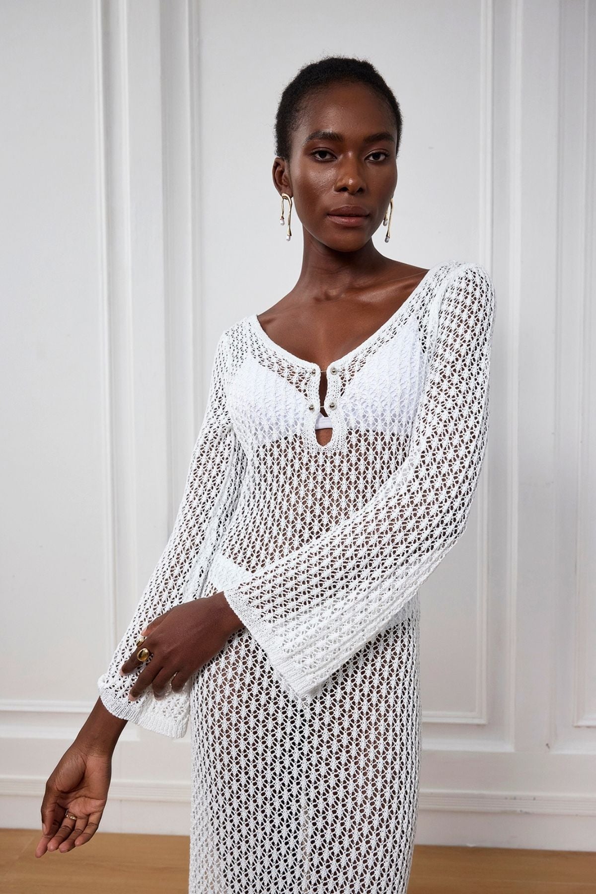 Lana Knit Cutout Plunge Maxi Dress In White