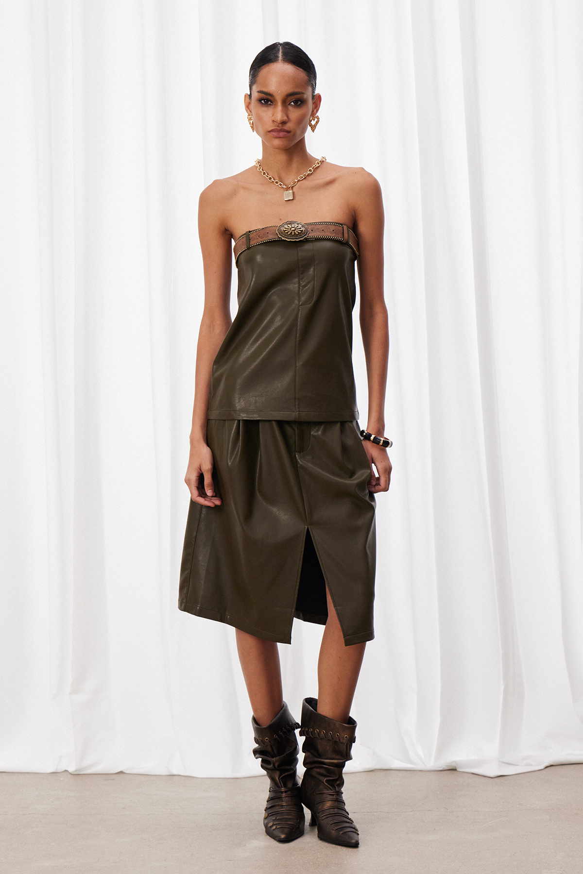Maaike Strapless Leather Skirt Set