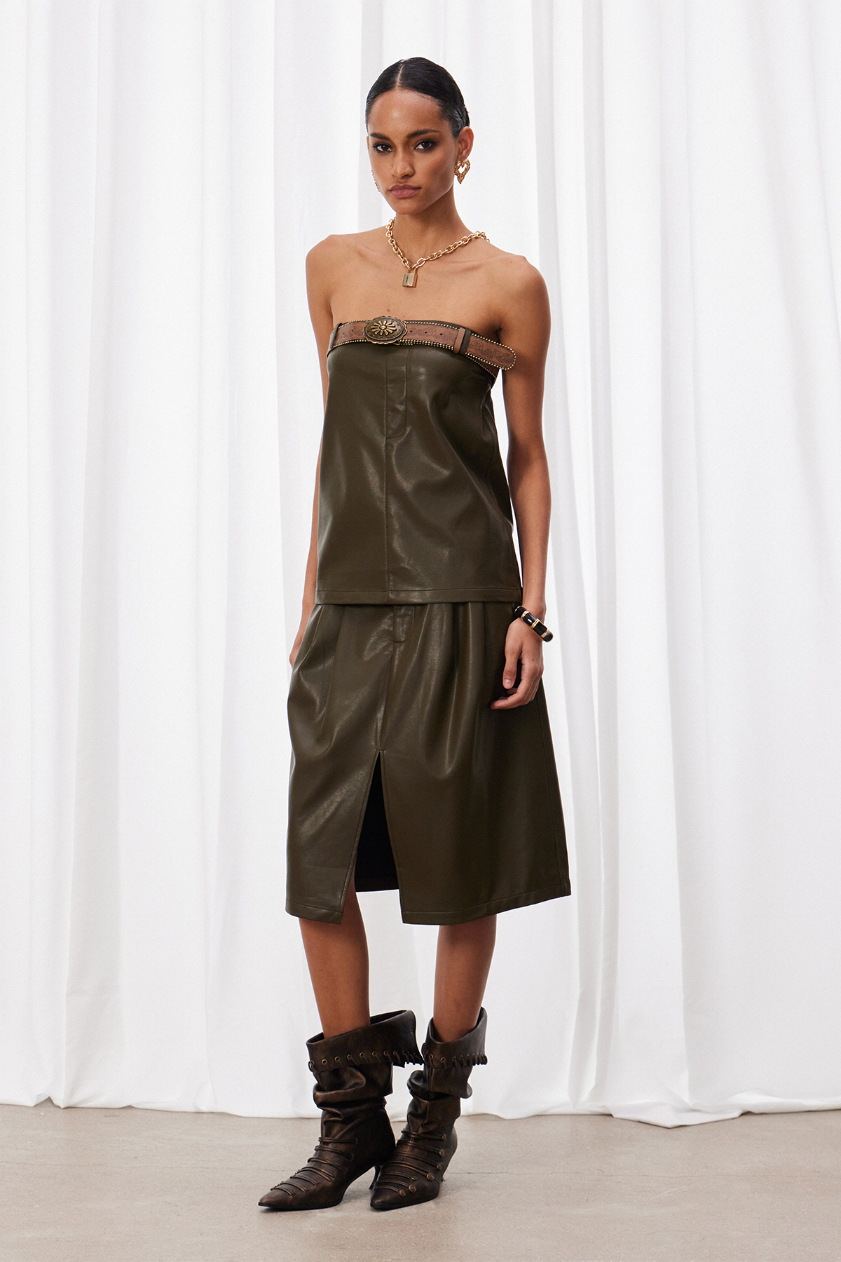 Maaike Strapless Leather Skirt Set