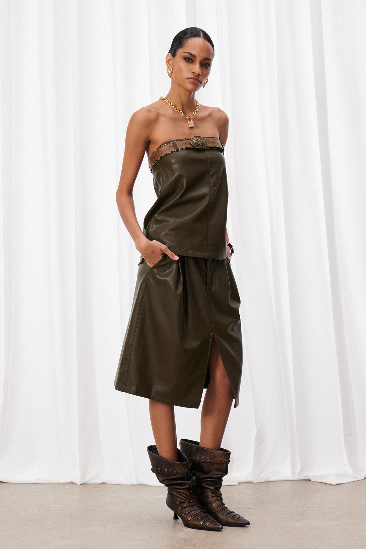 Maaike Strapless Leather Skirt Set