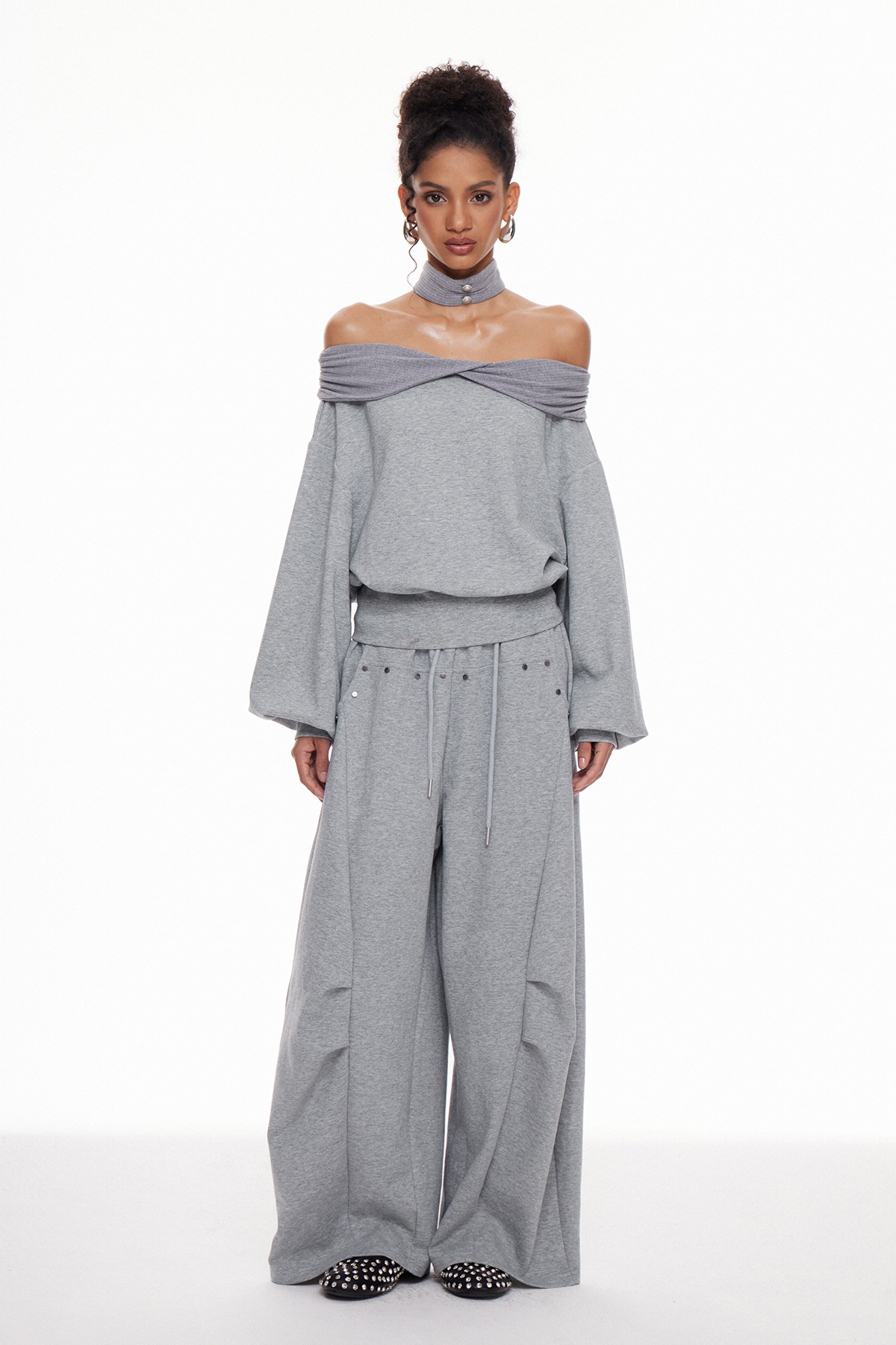 Macie Off Shoulder Studded Pants Set