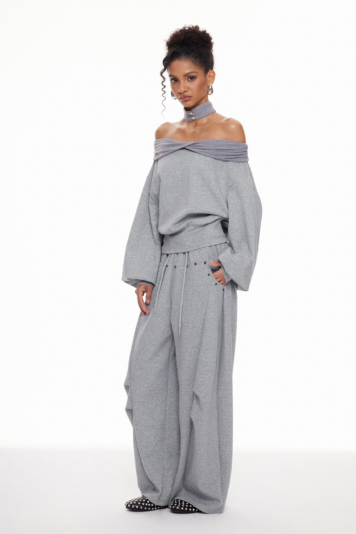 Macie Off Shoulder Studded Pants Set