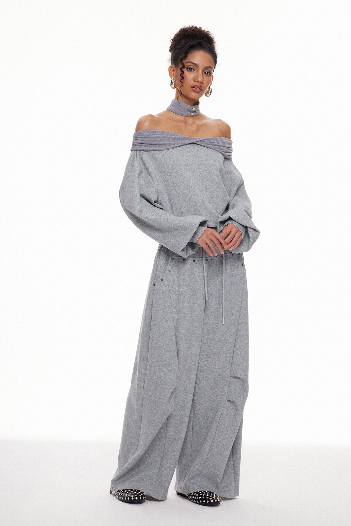 Macie Off Shoulder Studded Pants Set