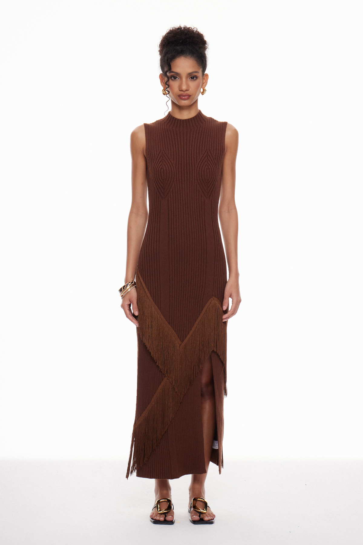 Macrina Sleeveless Fringe Knit Maxi Dress