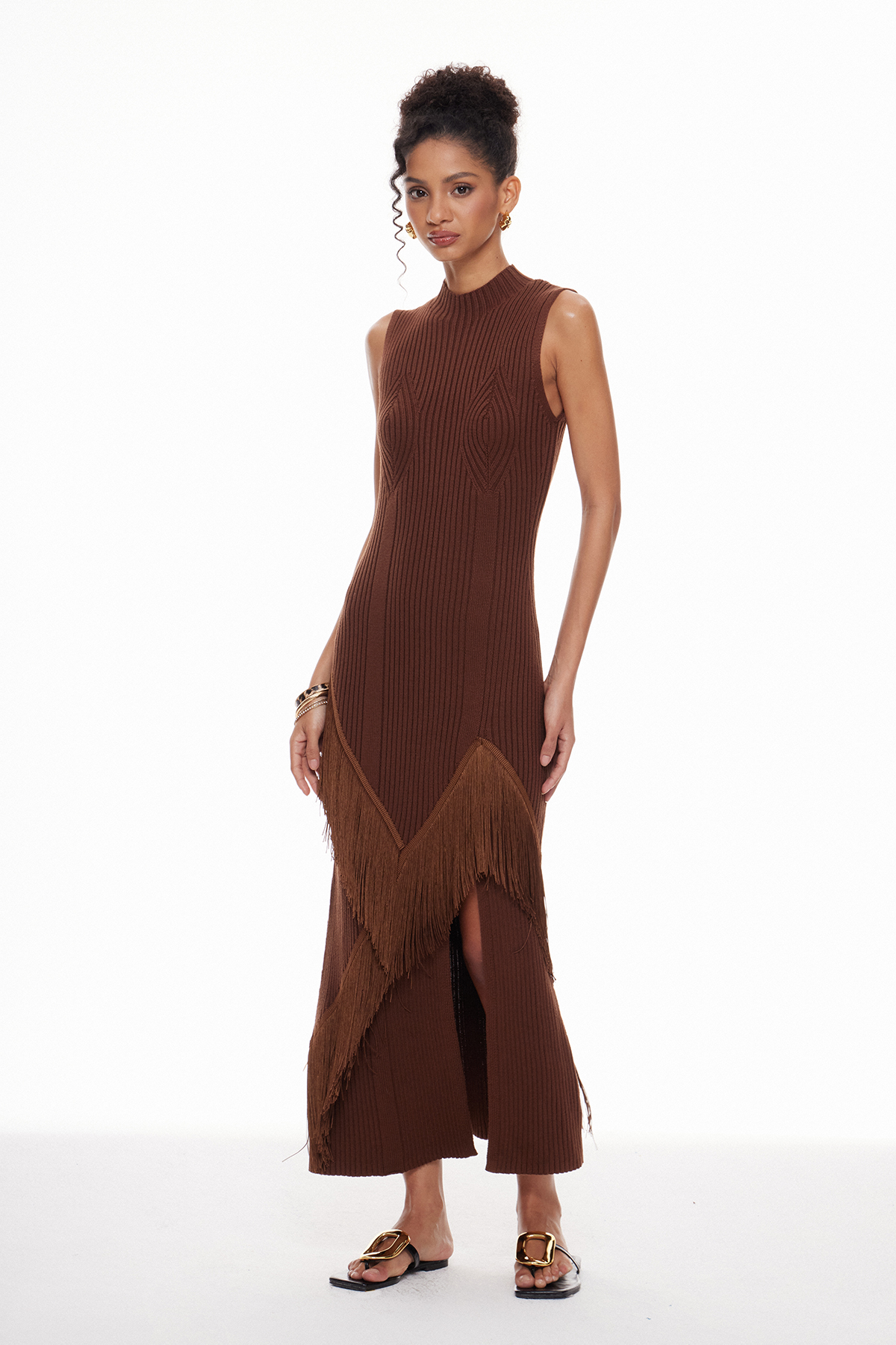 Macrina Sleeveless Fringe Knit Maxi Dress