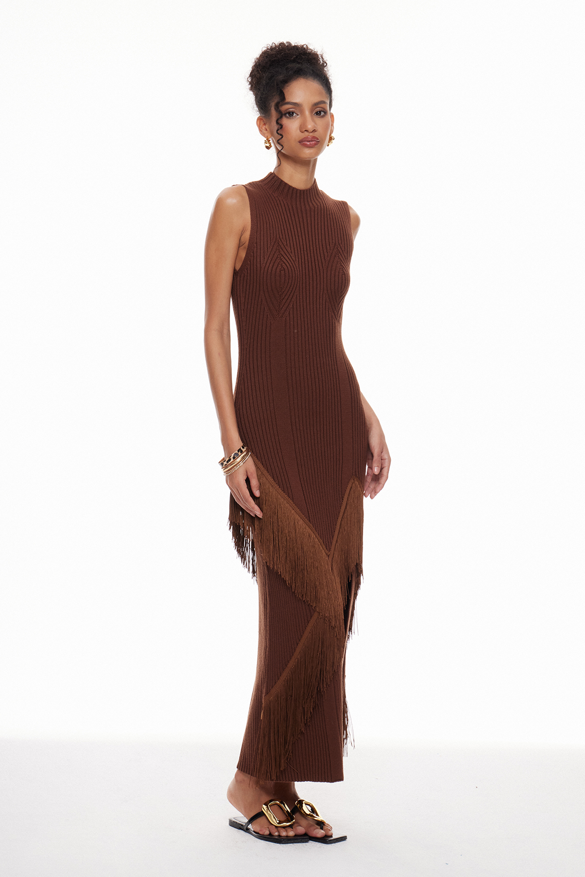 Macrina Sleeveless Fringe Knit Maxi Dress