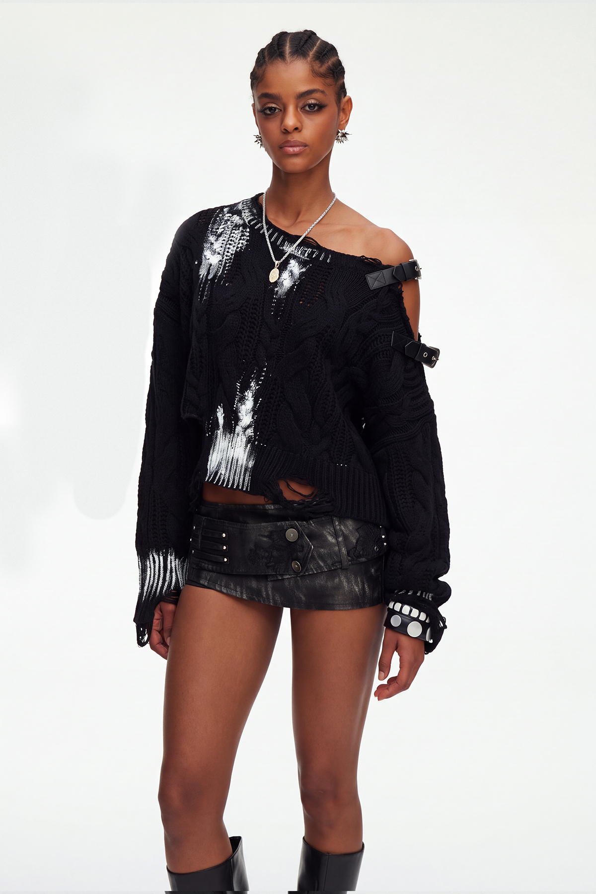 Maddy Buckle Asymmetric Knit Top In Black