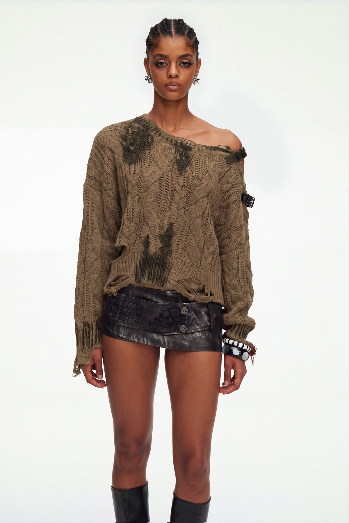 Maddy Buckle Asymmetric Knit Top In Brown