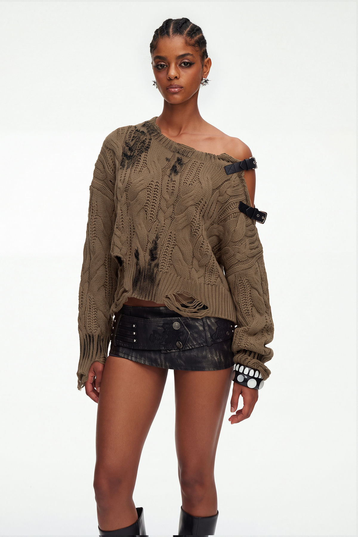 Maddy Buckle Asymmetric Knit Top In Brown