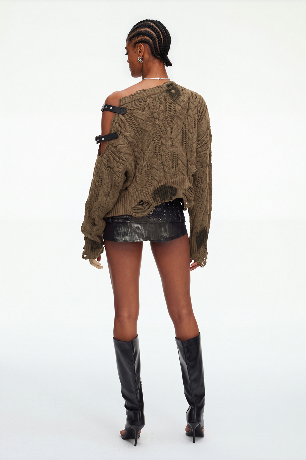 Maddy Buckle Asymmetric Knit Top In Brown