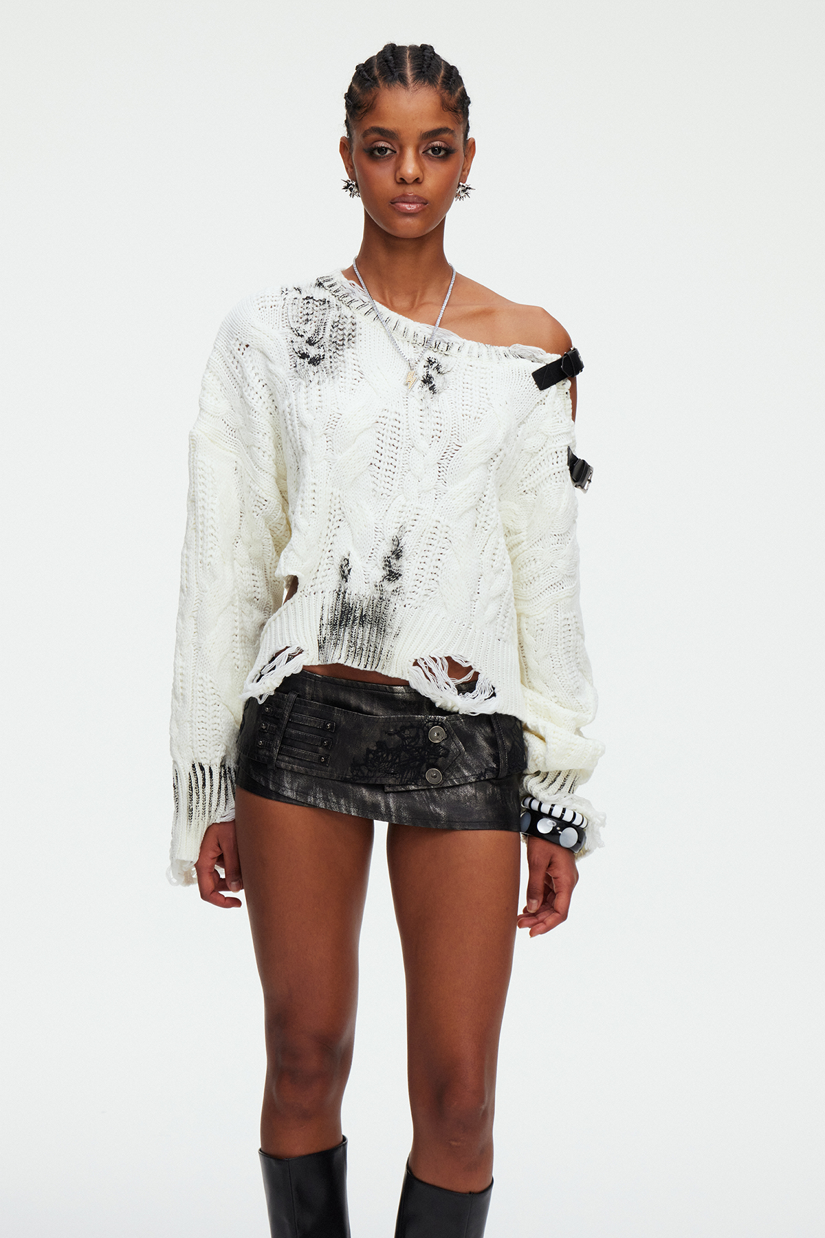 Maddy Buckle Asymmetric Knit Top In White