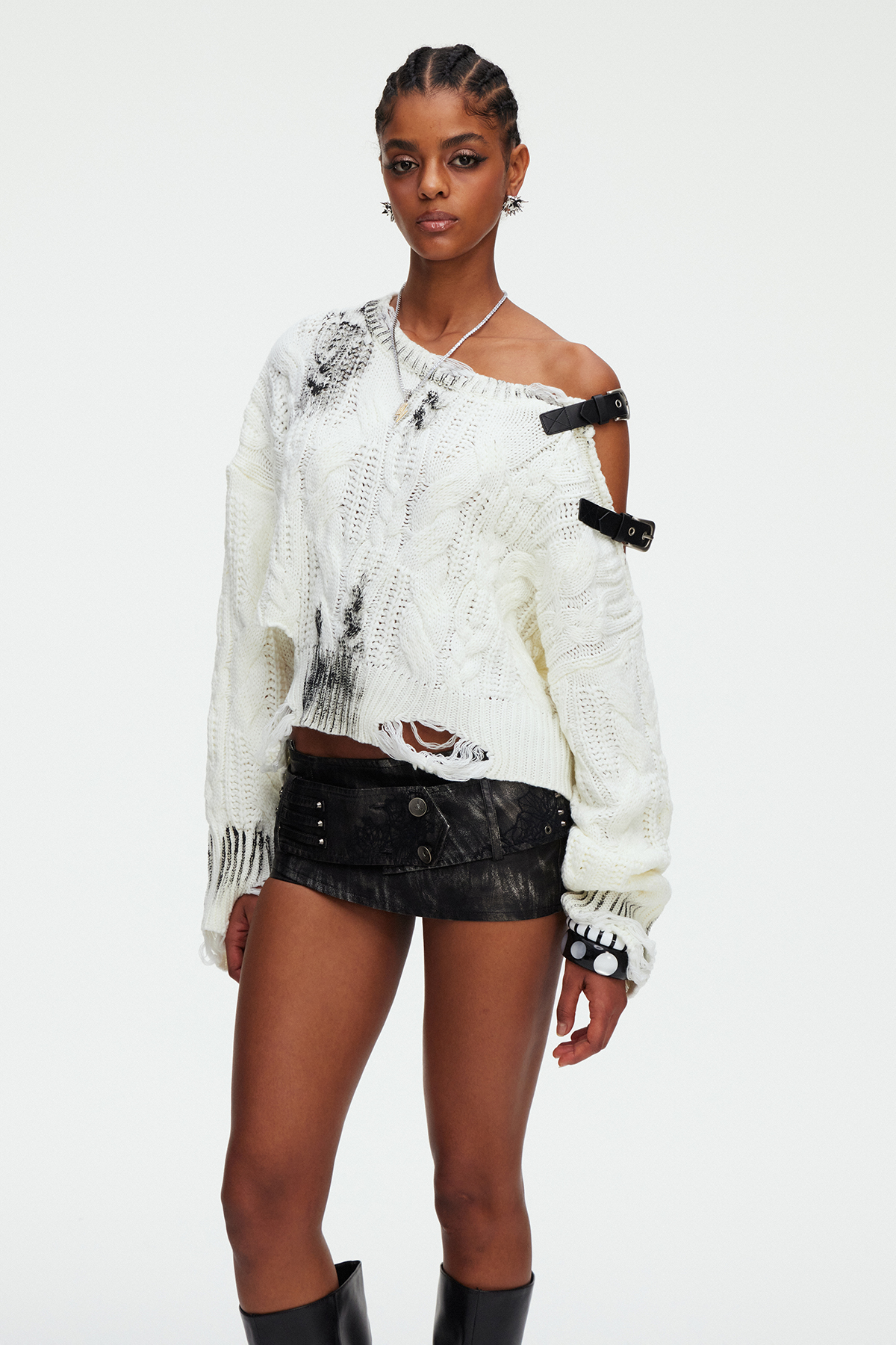 Maddy Buckle Asymmetric Knit Top In White