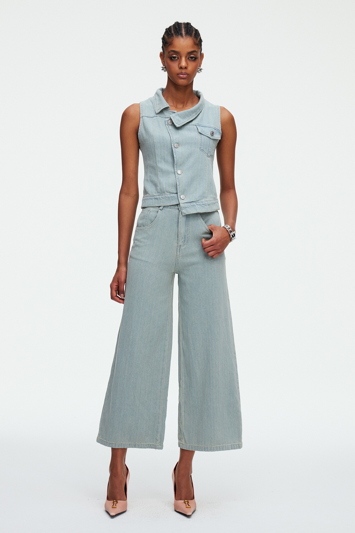 Madeleine Asymmetric Denim Pants Set
