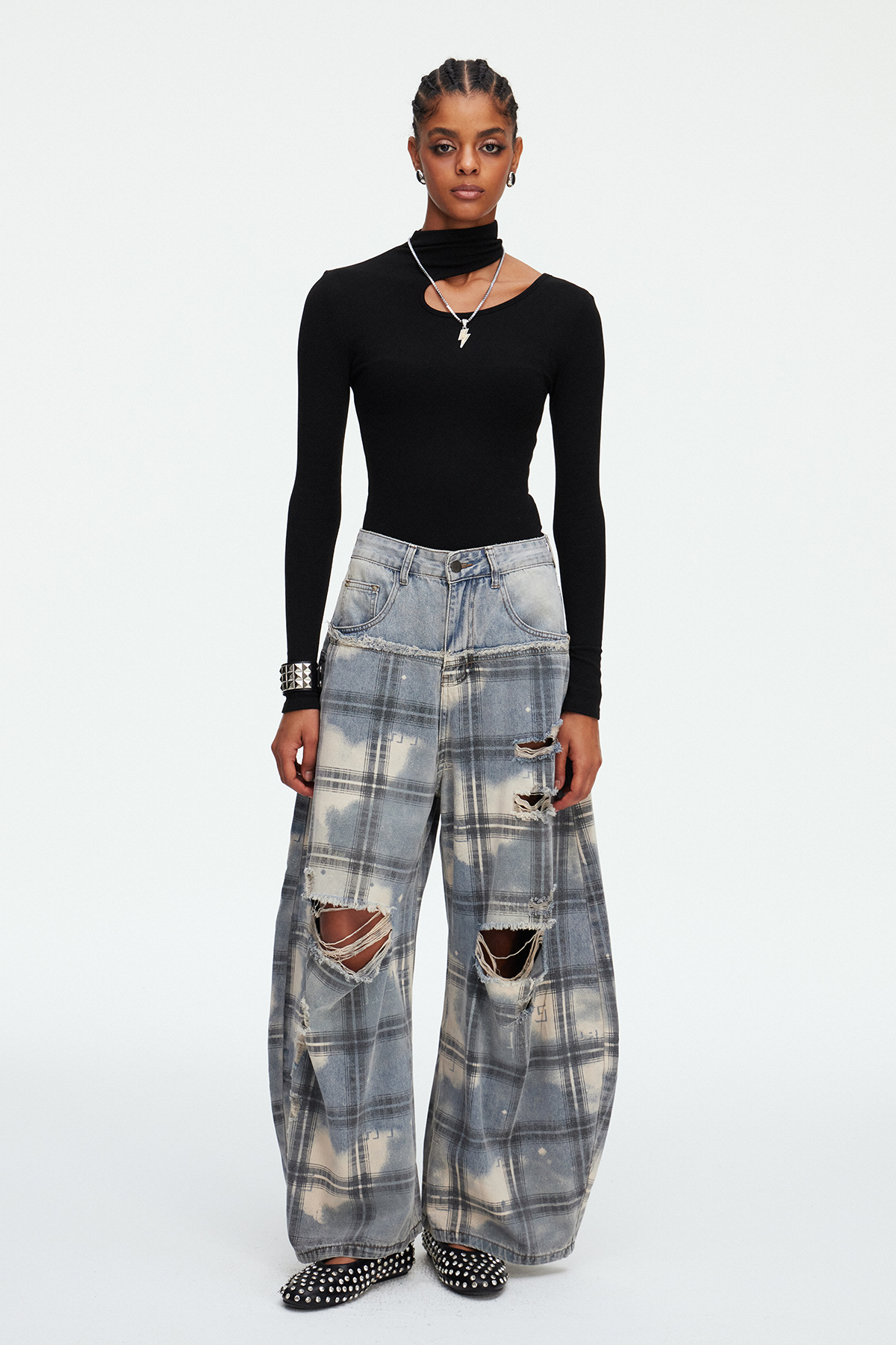 Madeline Grid Ripped Jeans